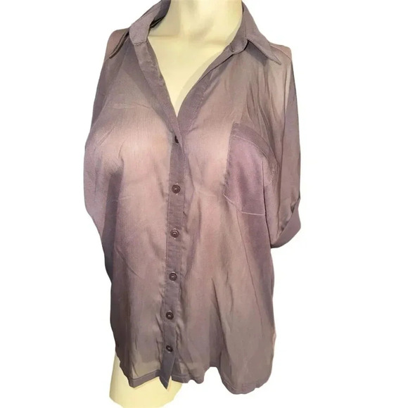 Lush Tops - Lush Clothing smoky LavenderSheer Collared Blouse Size M Short Sleeve Casual Top